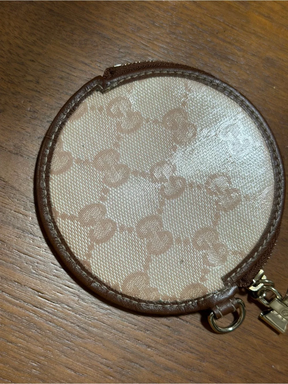 Gucci Beige and Brown Round GG Coin Pouch with Gold-Tone Hardware